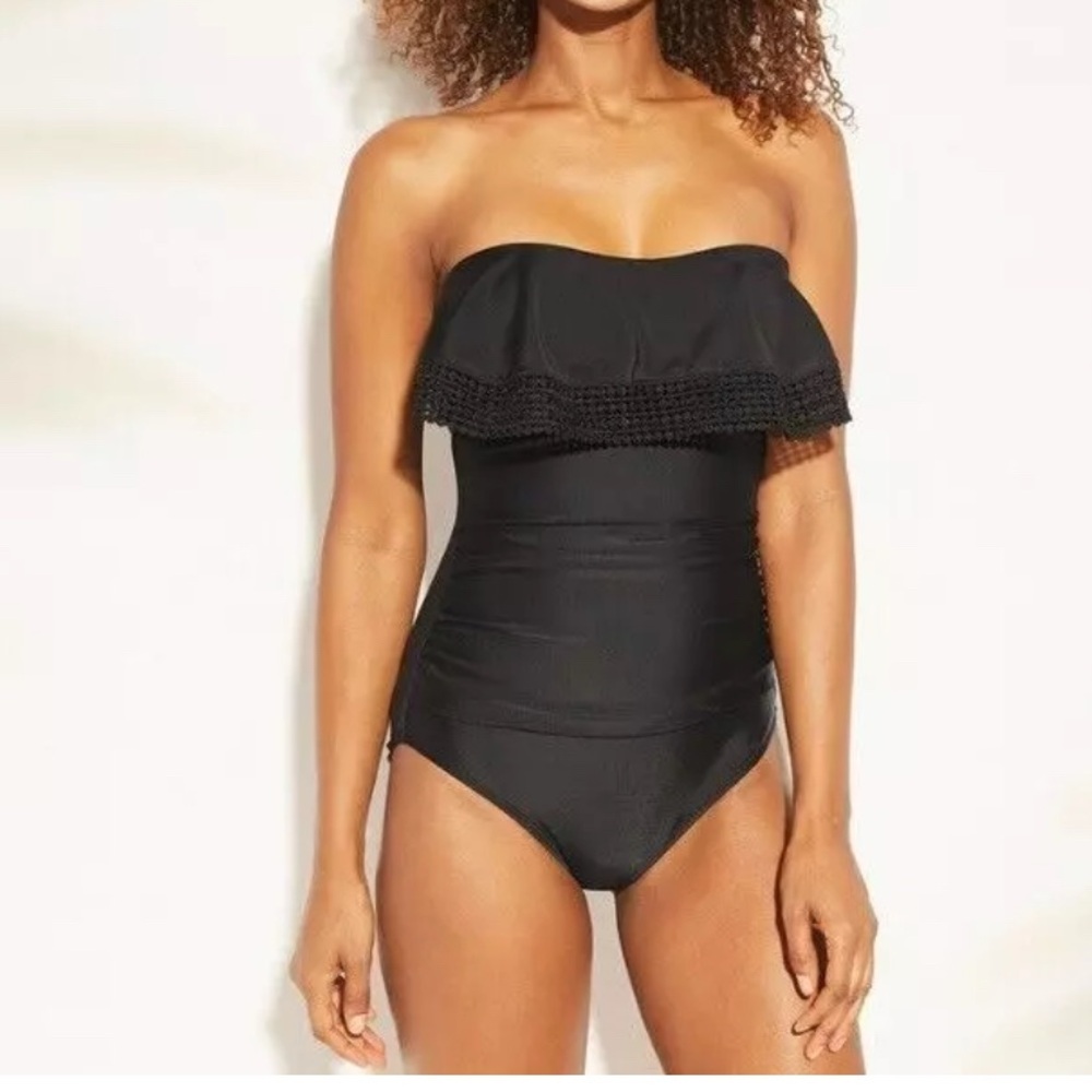Kona Sol Black Strapless Ruffle one-piece Swimsuit